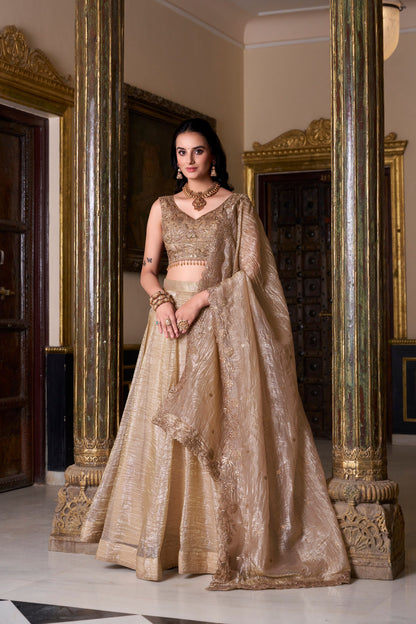 Elegant Gold Crush Lehenga Ensemble with Embroidered Sequins Blouse and Matching Dupatta