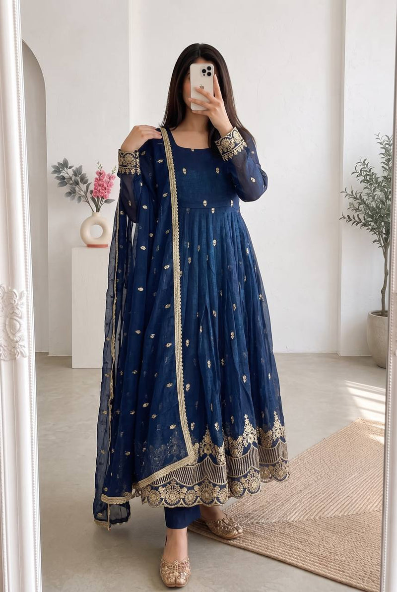 RangBhoomi Designer Embroidered Heavy Crunchy Silk Gown Set with Dupatta & Pants