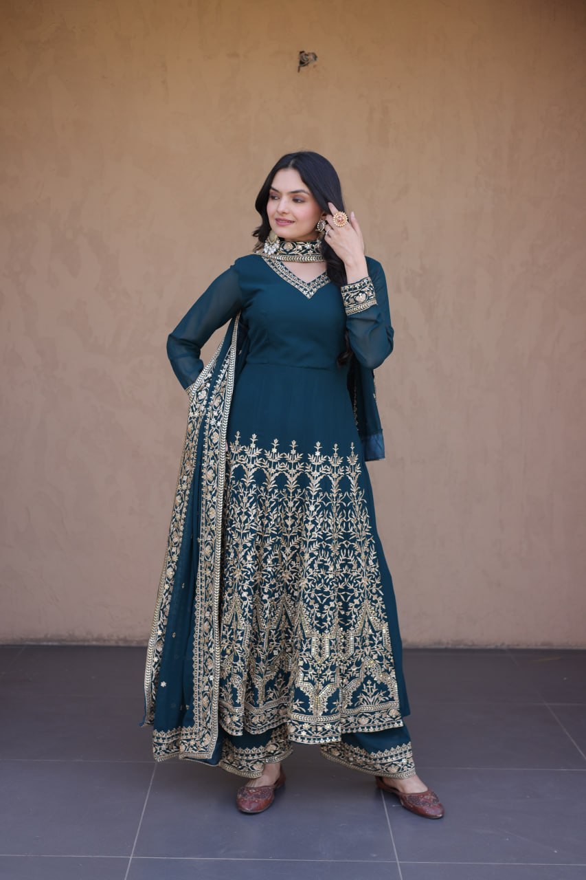 RangBhoomi Premium Readymade Gown with Pant & Dupatta Set - Embroidered Faux Blooming Festive Ensemble