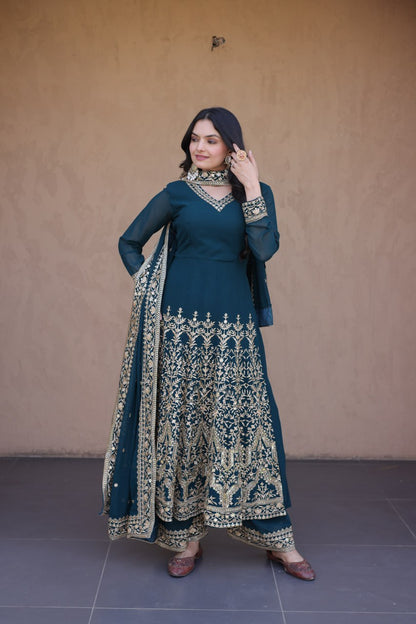 RangBhoomi Premium Readymade Gown with Pant & Dupatta Set - Embroidered Faux Blooming Festive Ensemble