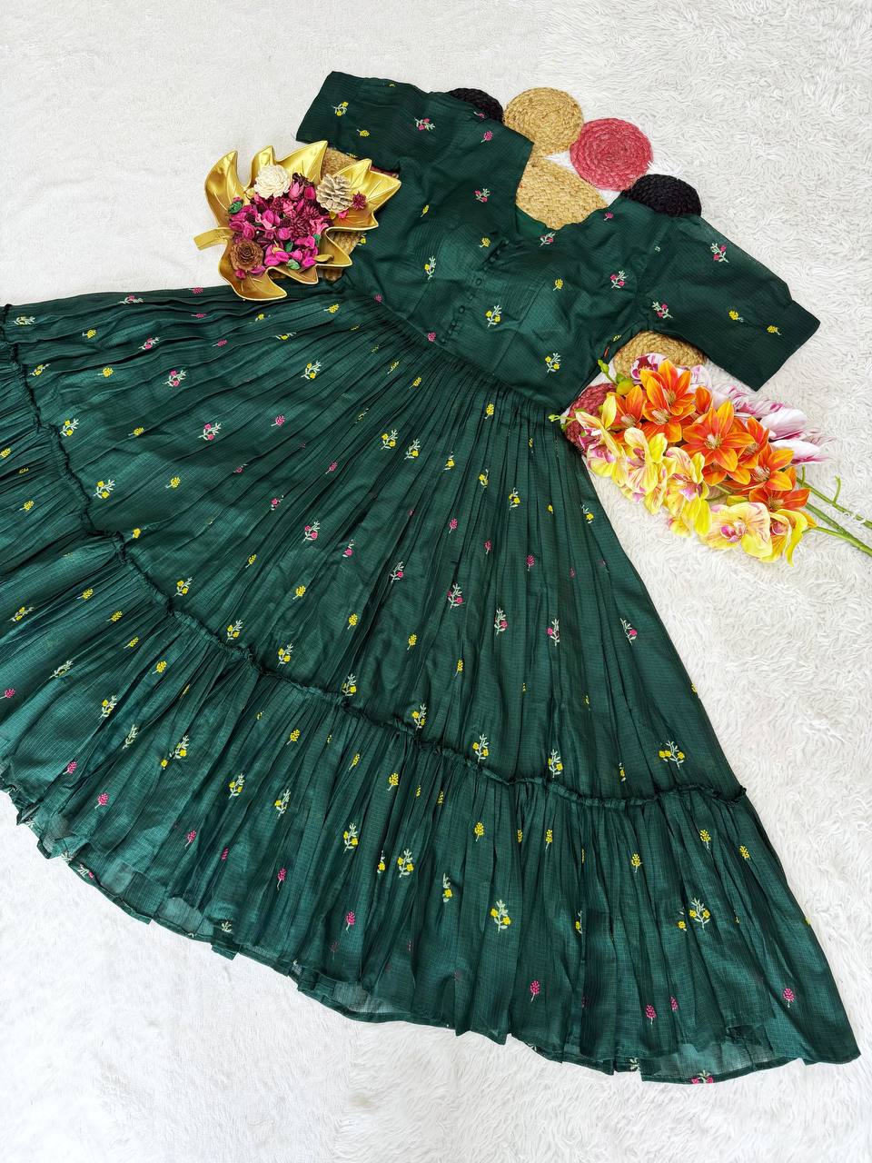 RangBhoomi Summer Floral Embroidered Kota Checks Midi Gown - Soft Kota, Micro Cotton Lining