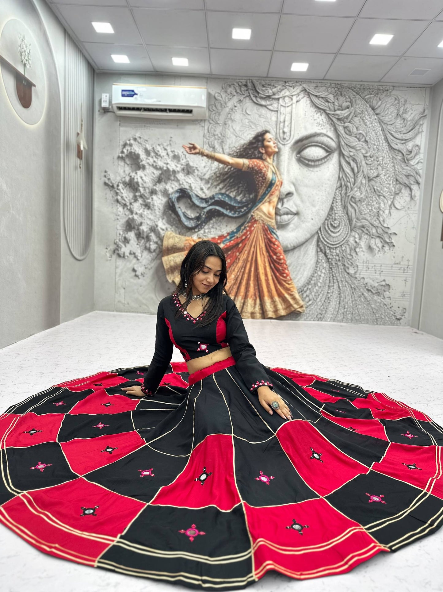 RangBhoomi Navratri Special Pure Cotton Lehenga Choli with Heavy Mirror & Gotapatti Work (Full-Stitched, 6m Flair)