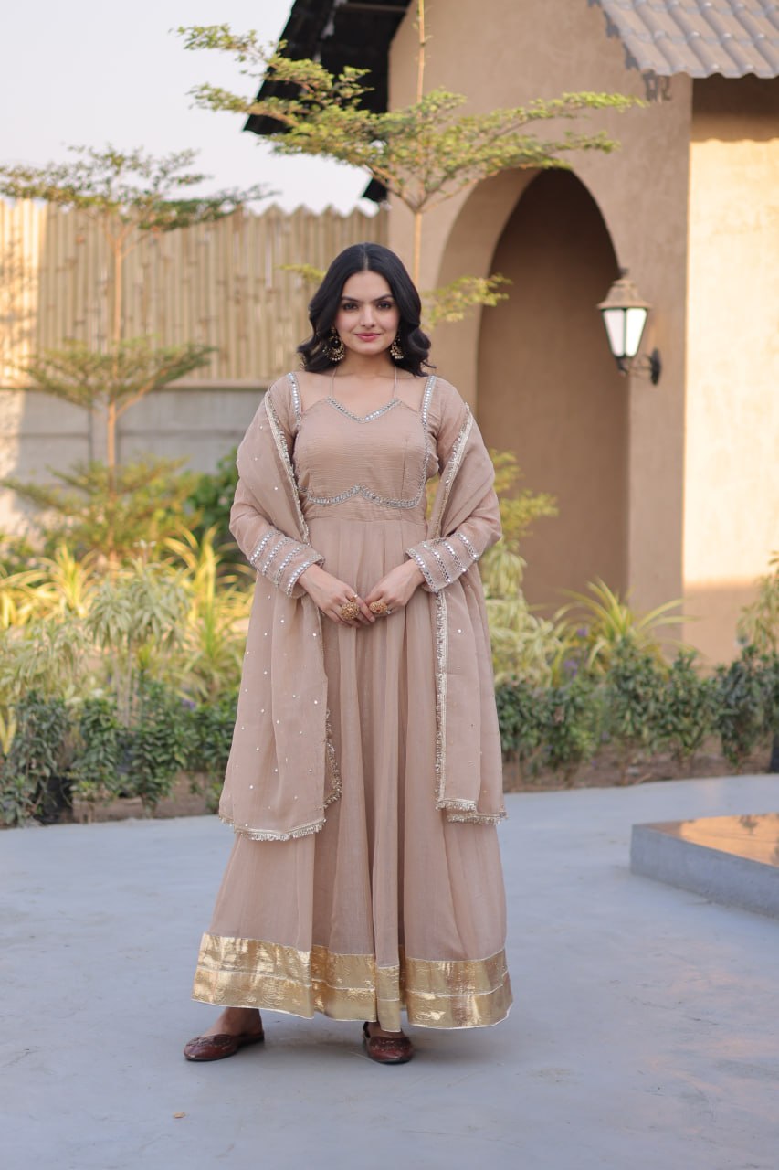 RangBhoomi Silver Mirror Lace Gown with Dupatta - Elegant Occasion Wear