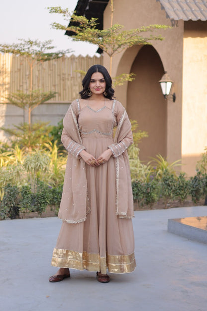 RangBhoomi Silver Mirror Lace Gown with Dupatta - Elegant Occasion Wear