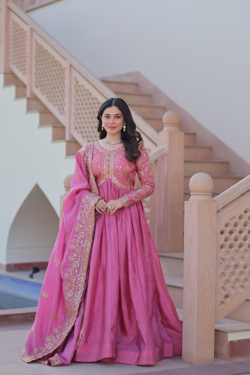 Trending Gold Gown: Crush Fabric, Embroidered Dupatta