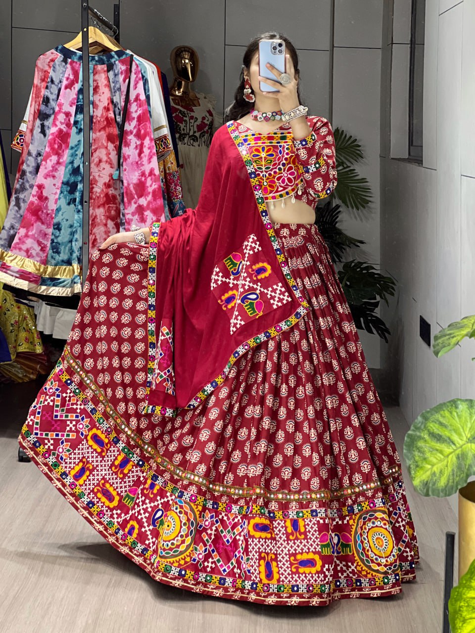 Traditional Ajrakh Print Chaniya Choli Ensemble - Maroon Pure Rayon Cotton Lehenga with Real Mirror Work and Ethnic Motifs