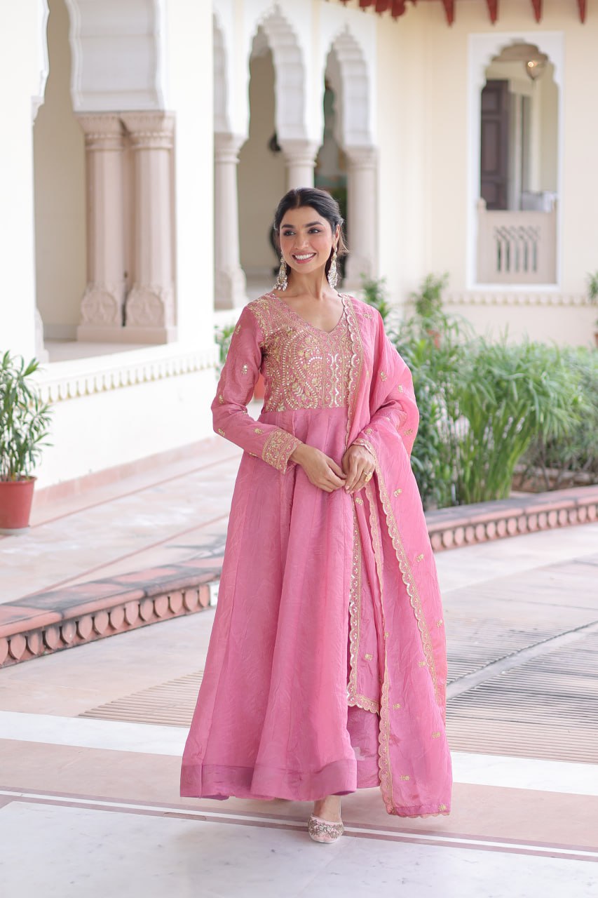 RangBhoomi Premium Ready-Made Gown and Dupatta Set with Elegant Gold Embroidery