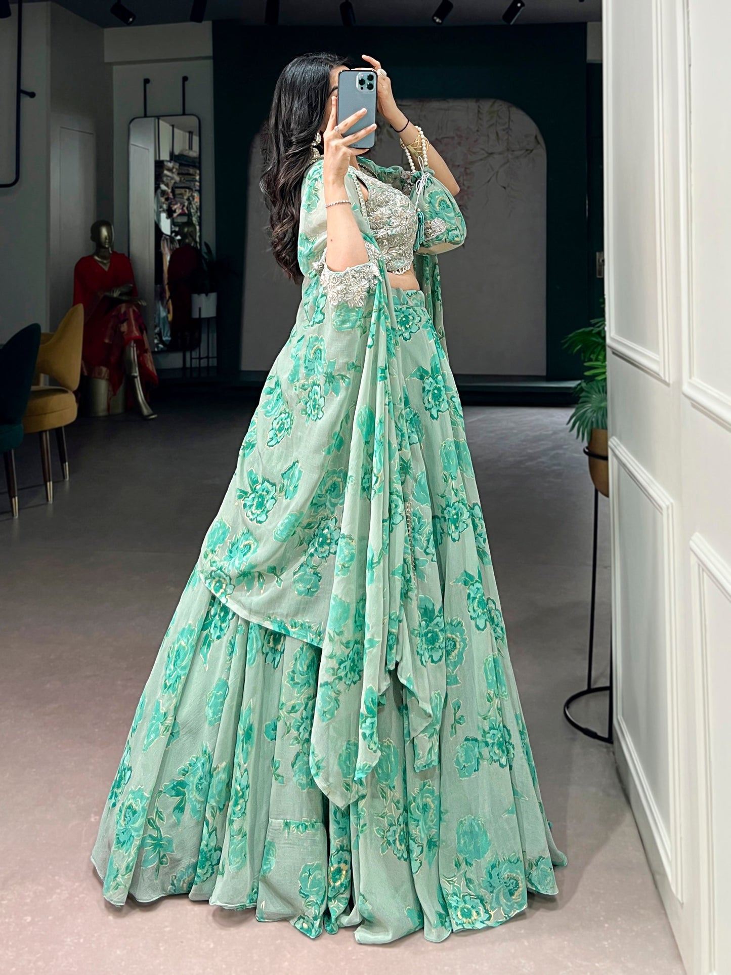 RangBhoomi Pastel Cape Style Lehenga - Ready-to-Wear Embroidered Set