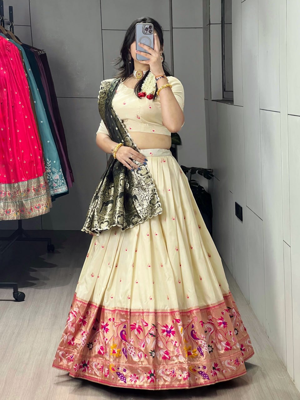 RangBhoomi Paithani Silk Lehenga Choli – Vibrant Traditional Maharashtrian Ethnic Wear with Gold Zari Detailing and Satin Silk Dupatta