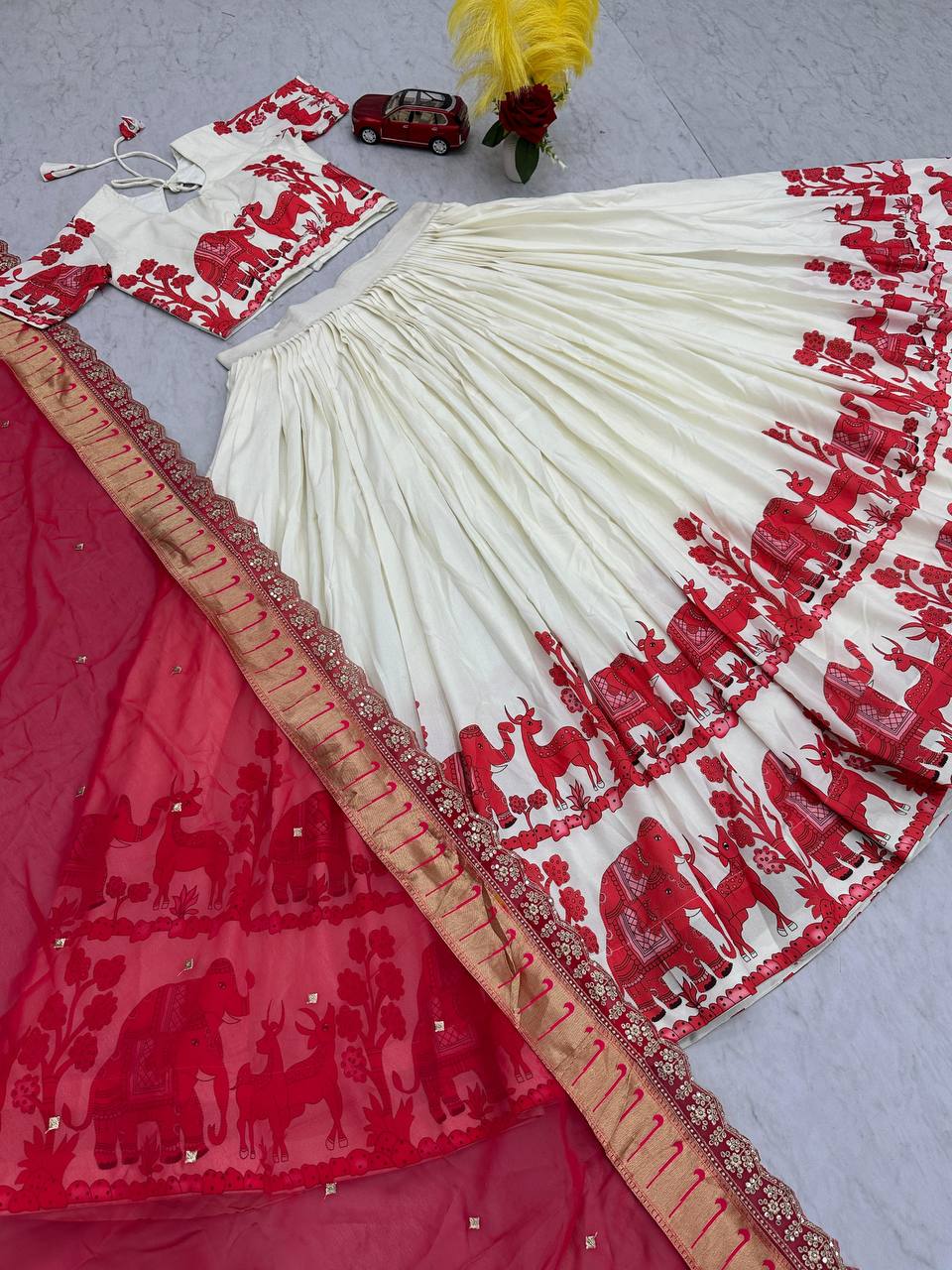 Full view of Kalamkari lehenga choli with intricate border design.