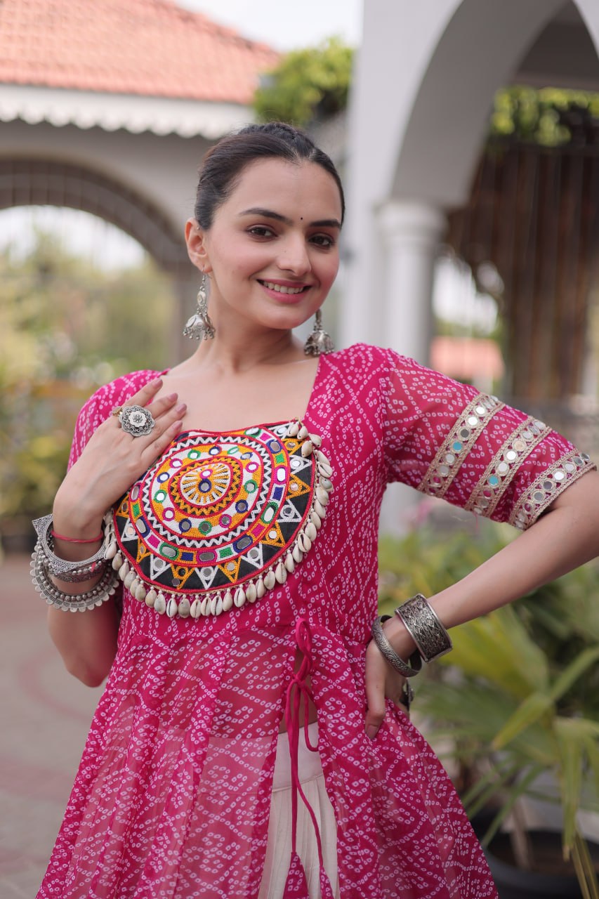 RangBhoomi Navratri 2026 Bandhani Lehenga Set — Full-Stitched Kora Cotton Lehenga with Faux Georgette Kurti
