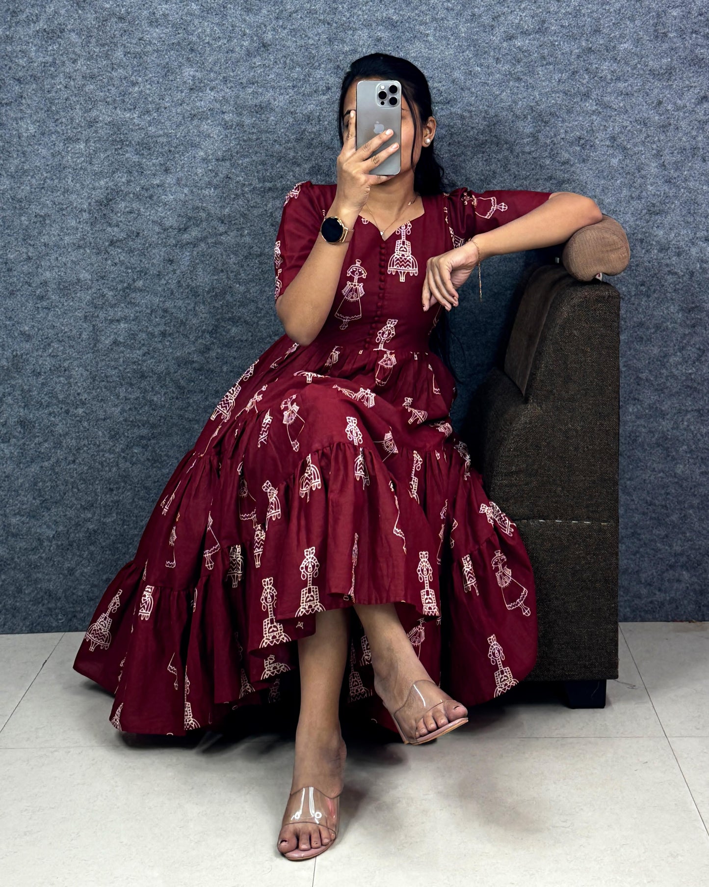 RangBhoomi Exclusive Hand-Block Printed Pure Cotton Warli Art Maxi Gown with Side Pocket