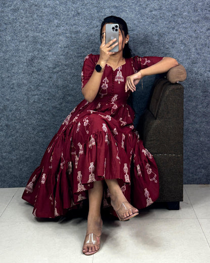 RangBhoomi Exclusive Hand-Block Printed Pure Cotton Warli Art Maxi Gown with Side Pocket