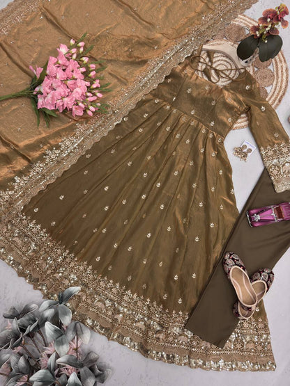 RangBhoomi Designer Embroidered Party Gown with Dupatta & Pant — Heavy Fandy Silk, 17 Colours