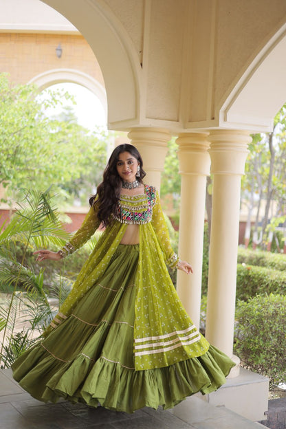 RangBhoomi Navratri 2026 Lehenga & Kurti Set – Kora Cotton Lehenga with Bandhni Faux Georgette Kurti (L, 40" Stitched)
