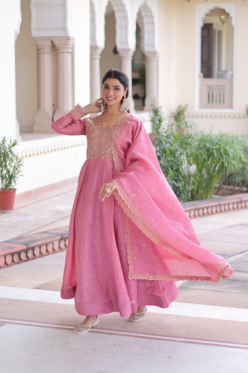 RangBhoomi Premium Ready-Made Gown and Dupatta Set with Elegant Gold Embroidery