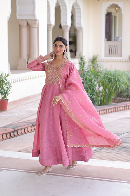 RangBhoomi Premium Ready-Made Gown and Dupatta Set with Elegant Gold Embroidery