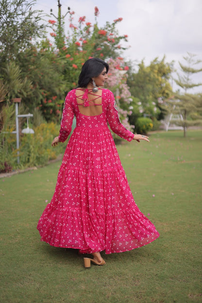RangBhoomi Bandhani & Kutchi Patchwork Faux Georgette Gown — Full Sleeve, 12m Flair, Cotton Lining
