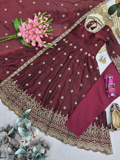 RangBhoomi Exclusive Designer Party Wear Collection – Elegant Two-Tone Silk Gown with Embroidery and Pearl Accents