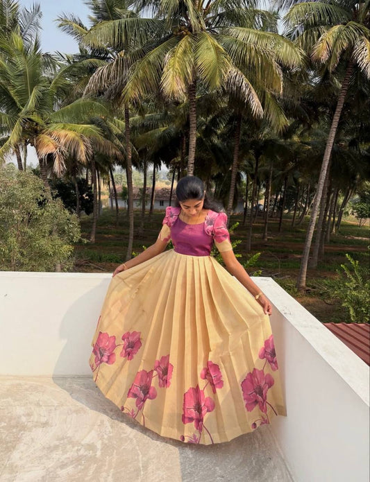 Elegant Floral Printed Silk Gown – Add a Glamorous Touch to Your Festive Wardrobe
