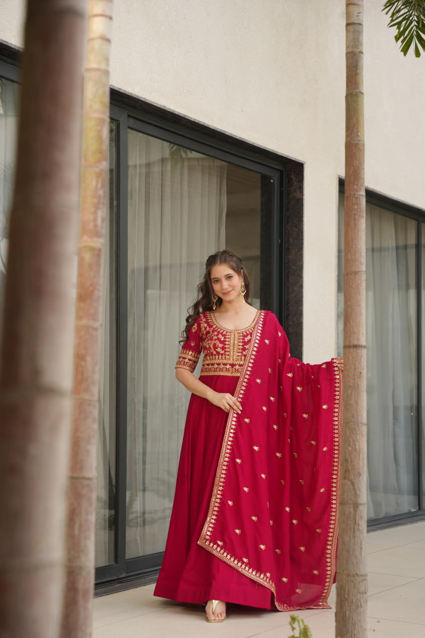 Exquisite Vichitra Silk Embroidered Gown