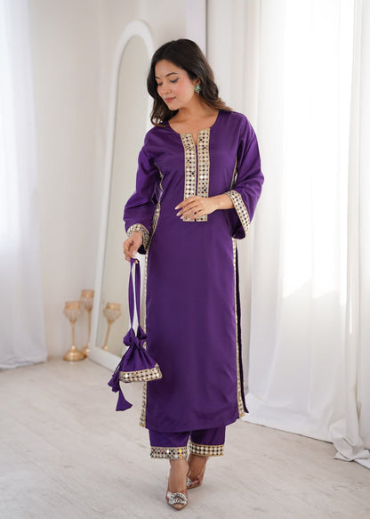 Ready-to-Wear Kurti and Pants Set with Decorative Mirror Work Purse
