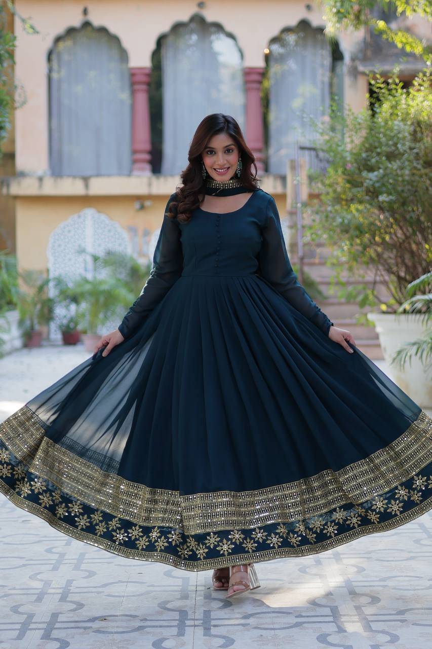 Embroidered Faux Blooming Gown with Dupatta