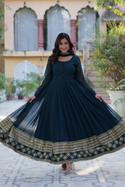 Embroidered Faux Blooming Gown with Dupatta