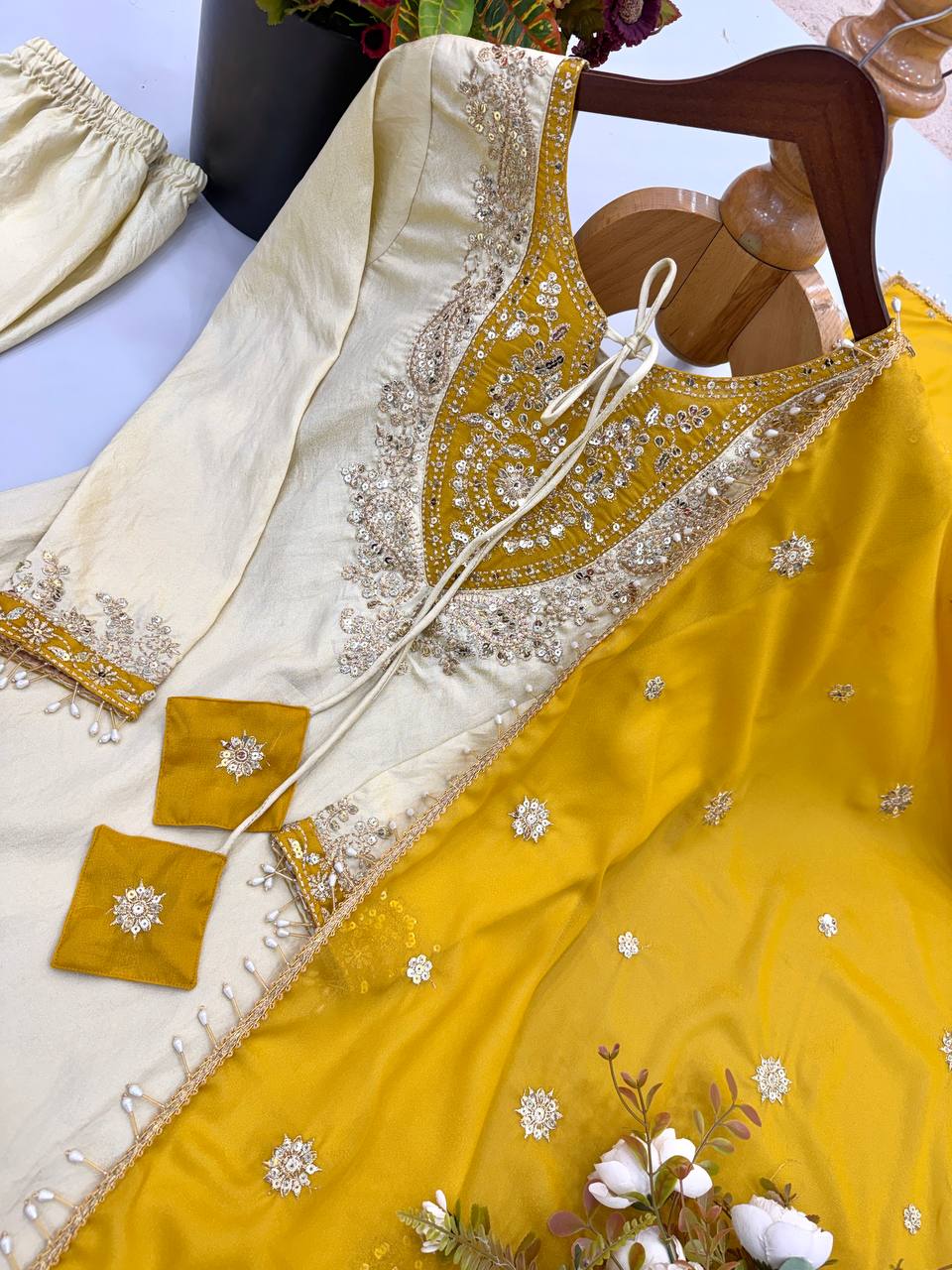 RangBhoomi Ronald Silk Sequin Embroidered Women's Ethnic Suit - Fully Stitched with Lace-Edged Dupatta