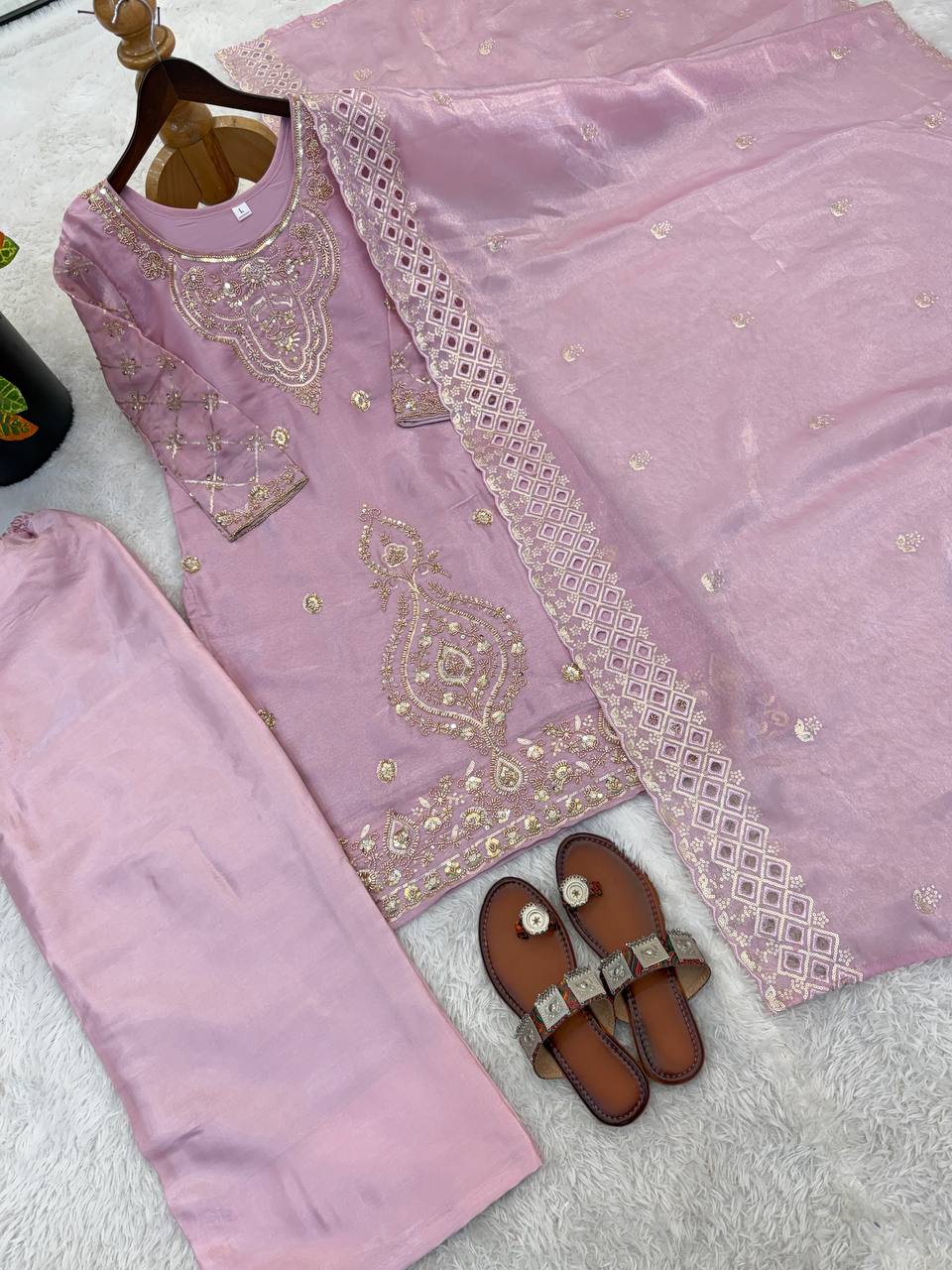 Elegant Designer Party Wear Top, Palazzos, and Dupatta Set with Intricate Heavy Embroidery and Beaded Detailing