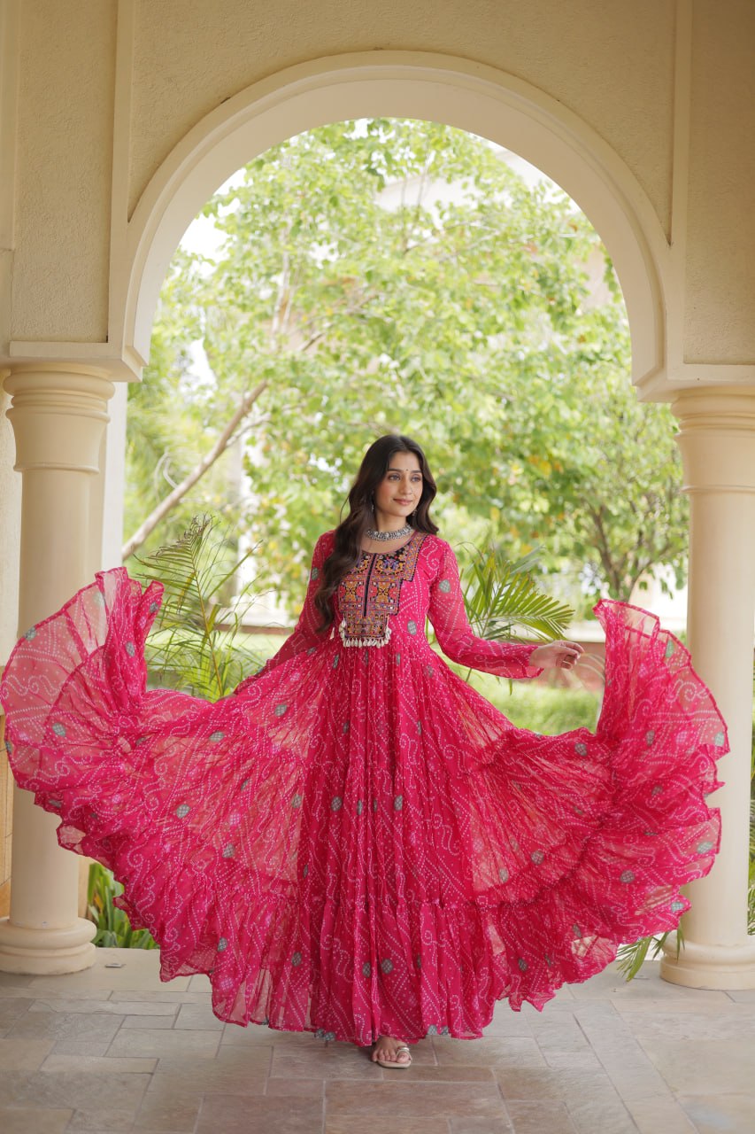 RangBhoomi Bandhani & Kutchi Patchwork Faux Georgette Gown — Festive Navratri Edition