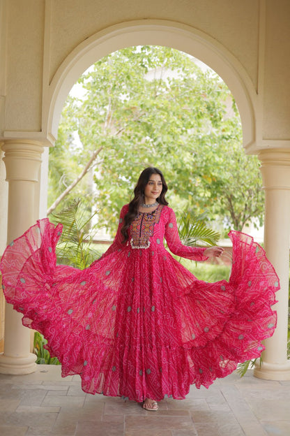 RangBhoomi Bandhani & Kutchi Patchwork Faux Georgette Gown — Festive Navratri Edition