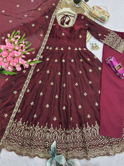 RangBhoomi Exclusive Designer Party Wear Collection – Elegant Two-Tone Silk Gown with Embroidery and Pearl Accents