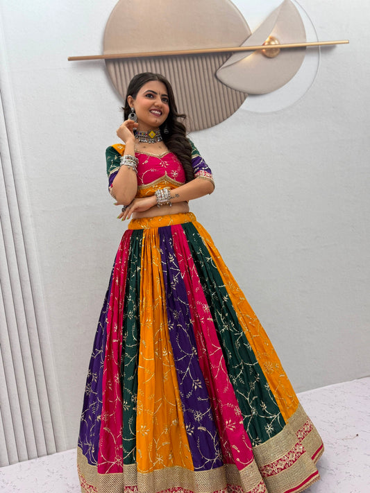 Navratri Special Vintage Chaniya Choli Ensemble - Elegant Milky Silk Embroidered Lehenga with Six-Meter Flair and Heavy Embroidered Dupatta