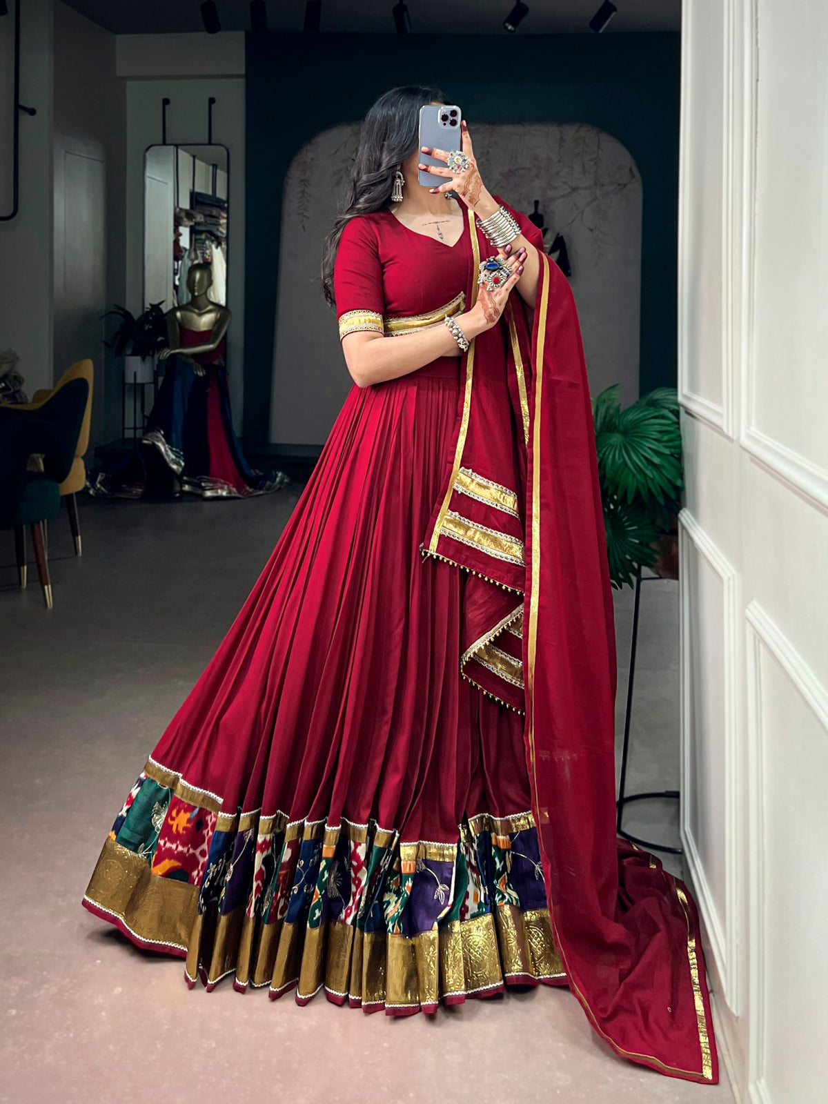 RangBhoomi Navratri Rayon Lehenga — Multicolour Printed Border with Embossed Lace