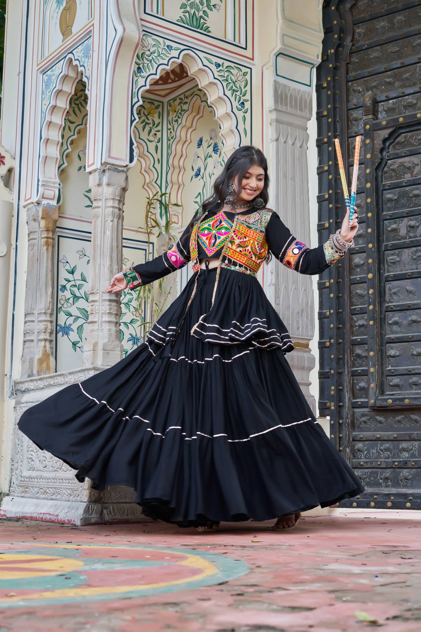 Navratri Special Gamthi Embroidery Lehenga Choli with Mirror and Ribbon Lace – Pure Cotton, Fully Stitched, 9 Meter Flair