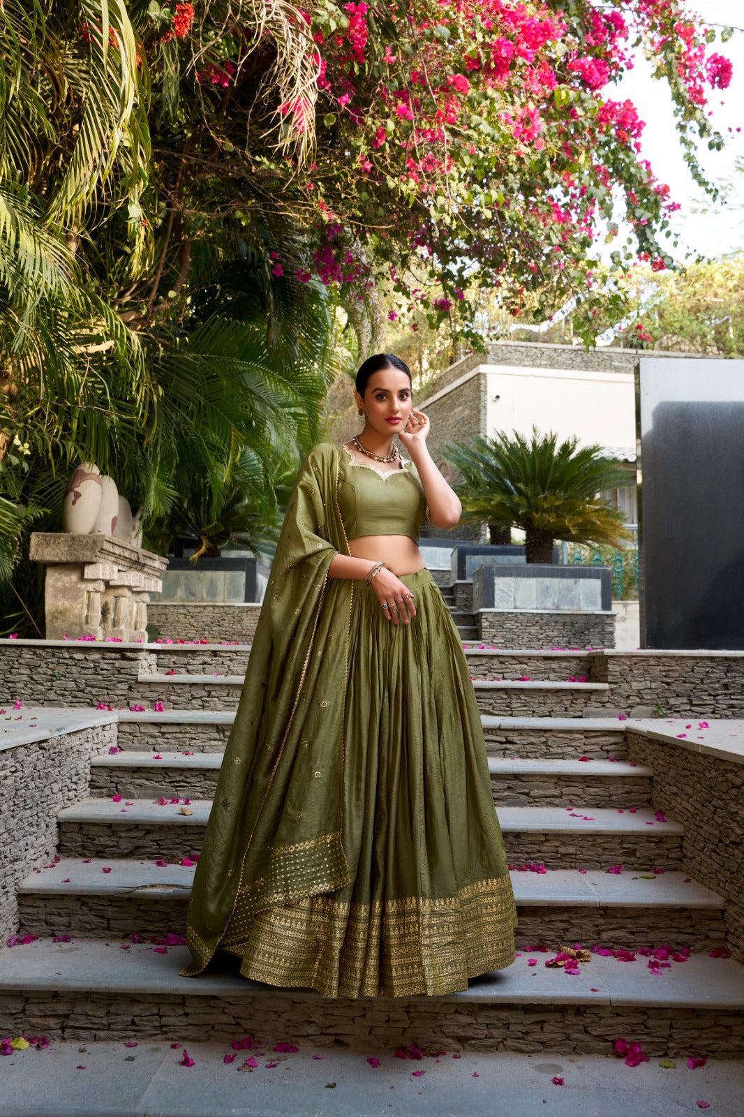 Elegant Pure Chanderi Lehenga Set with Exquisite Zari Work Border and Sequin-Embellished Dupatta
