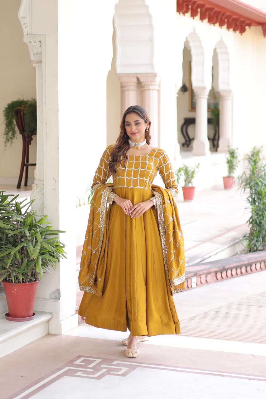 RangBhoomi Premium Ready-to-Wear Embroidered Gown and Dupatta Set