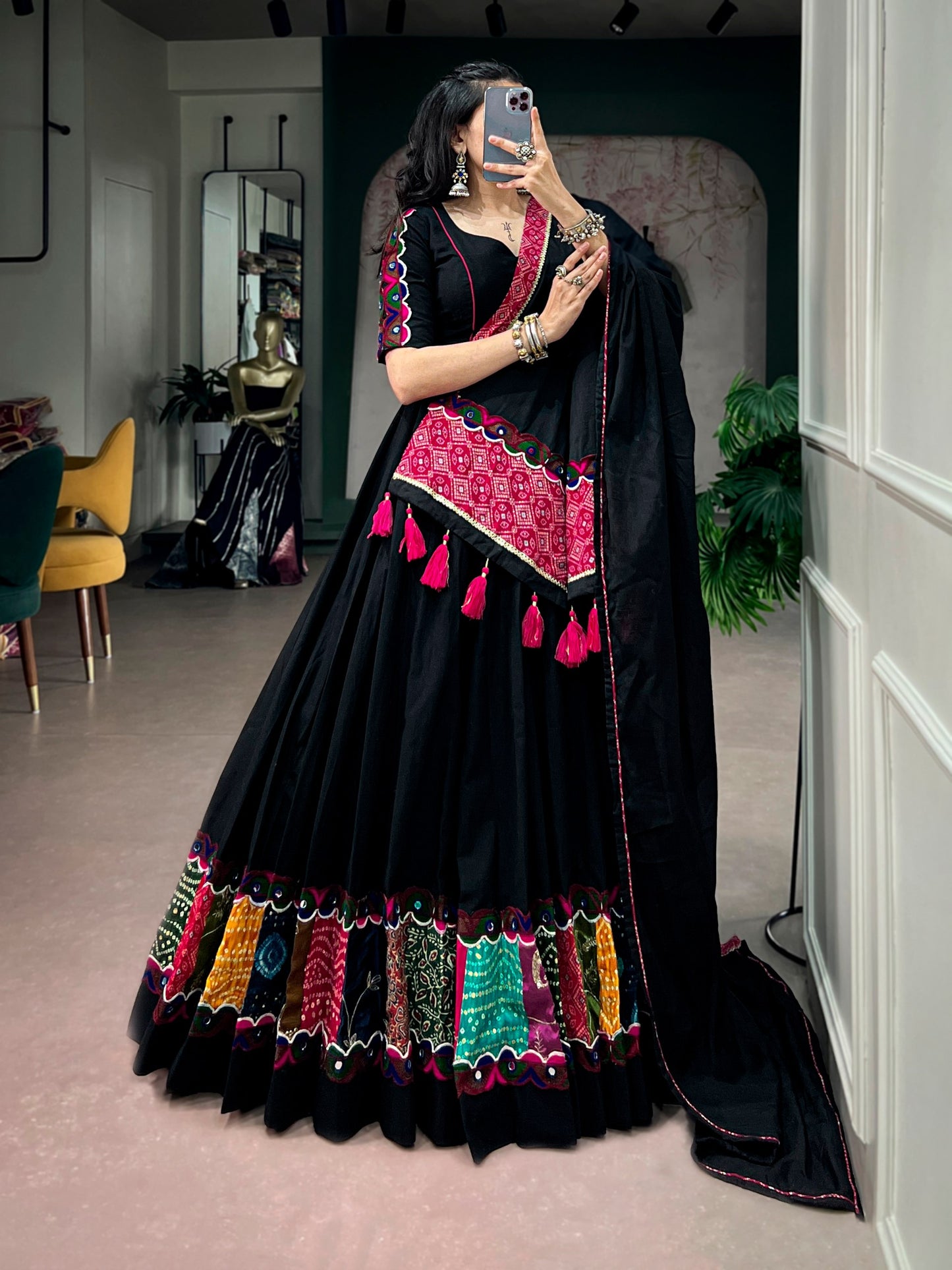 RangBhoomi Navratri Khadi Cotton Lehenga Set with Multicolor Patchwork & Bandhej Dupatta