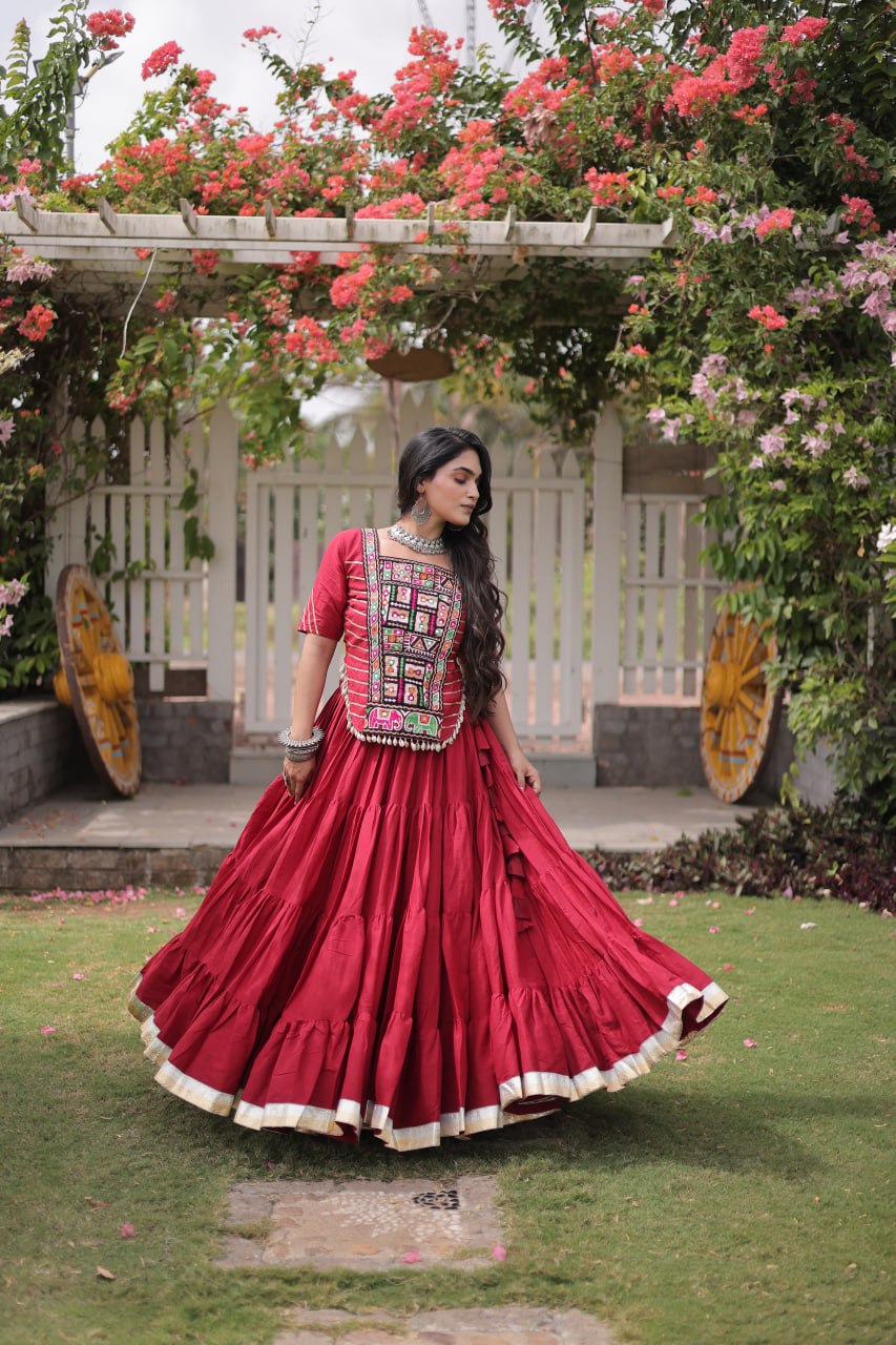 RangBhoomi Navratri 2026 Kora Cotton Full-Stitched Lehenga & Blouse Set — L (40", Adjustable 38–44)