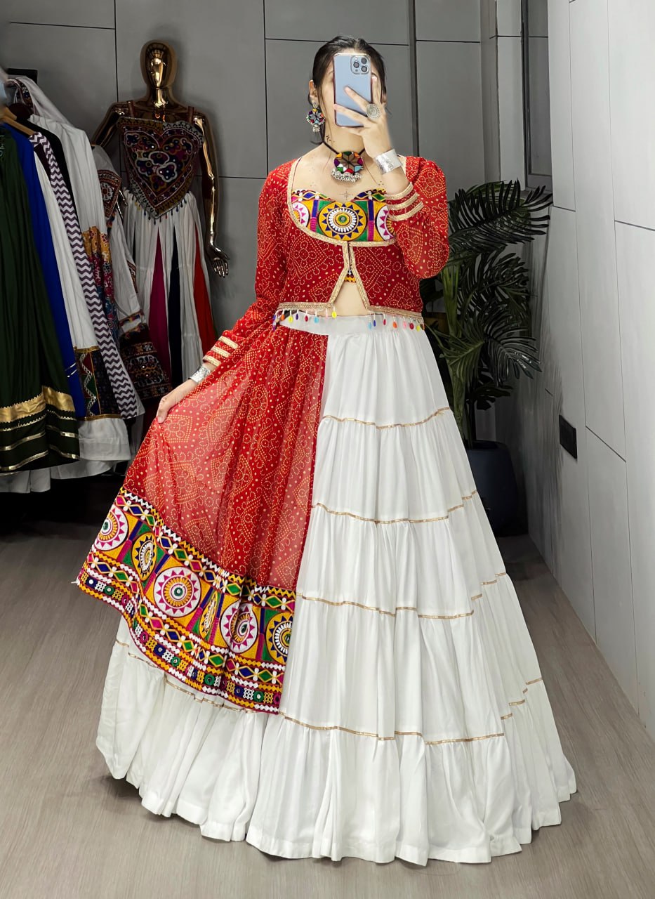 Festive Designer Chaniya Choli Set with Traditional Embroidered Koti and Mirror-Work Blouse for Weddings and Special Events