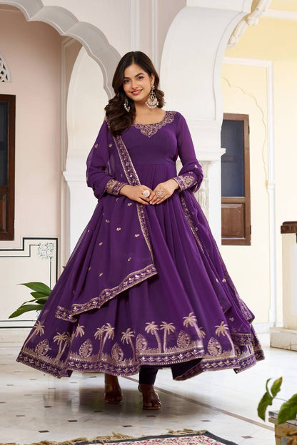 RangBhoomi Elegant SP Series Gown Set with Realistic Modeling - Faux Georgette & Microfiber Fabric, Thread and Sequence Embroidery