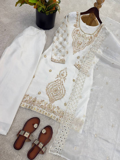 Elegant Designer Party Wear Top, Palazzos, and Dupatta Set with Intricate Heavy Embroidery and Beaded Detailing
