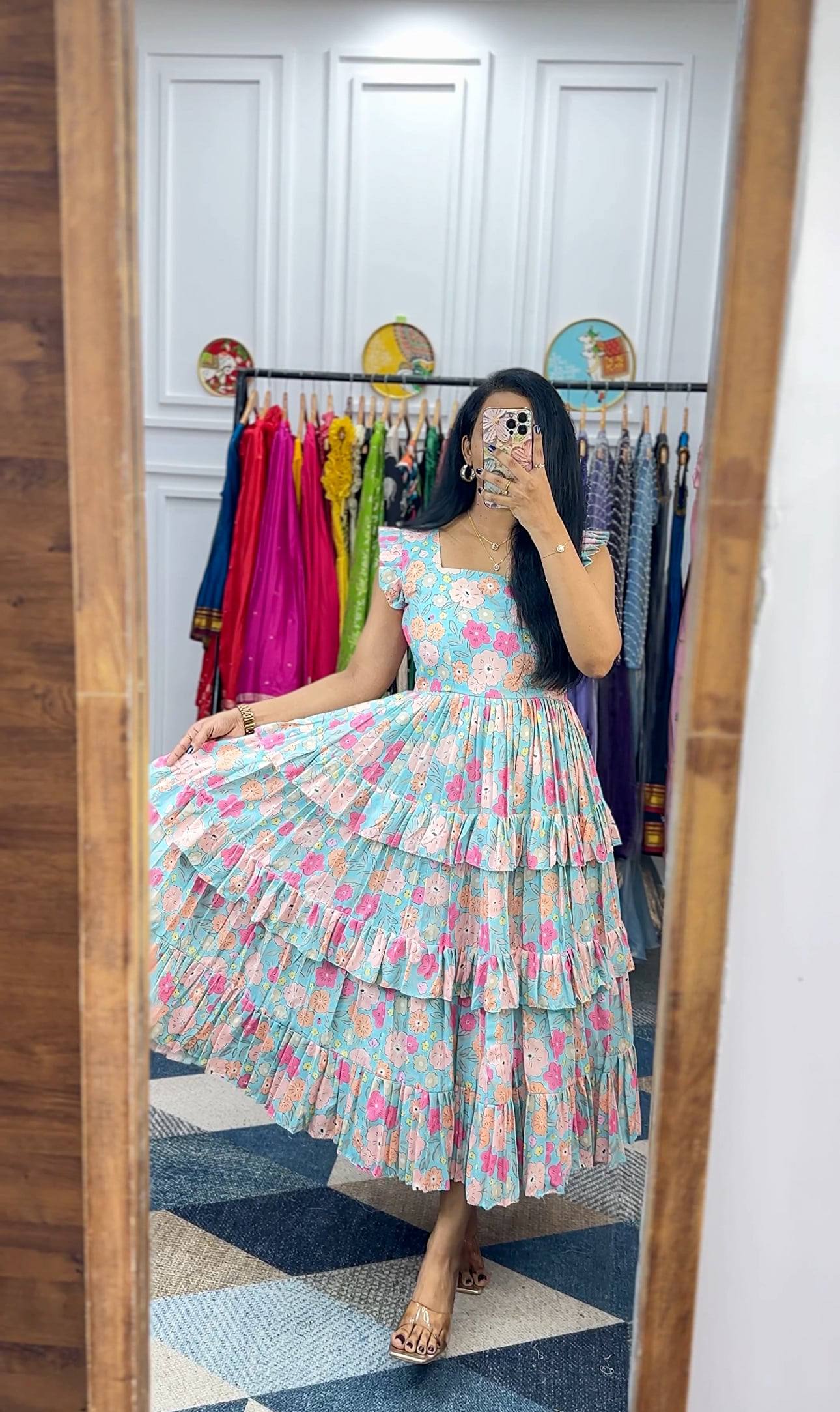 Mirror selfie of woman wearing vacation Georgette floral maxi dress