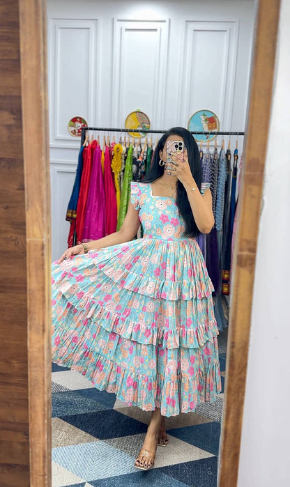Mirror selfie of woman wearing vacation Georgette floral maxi dress