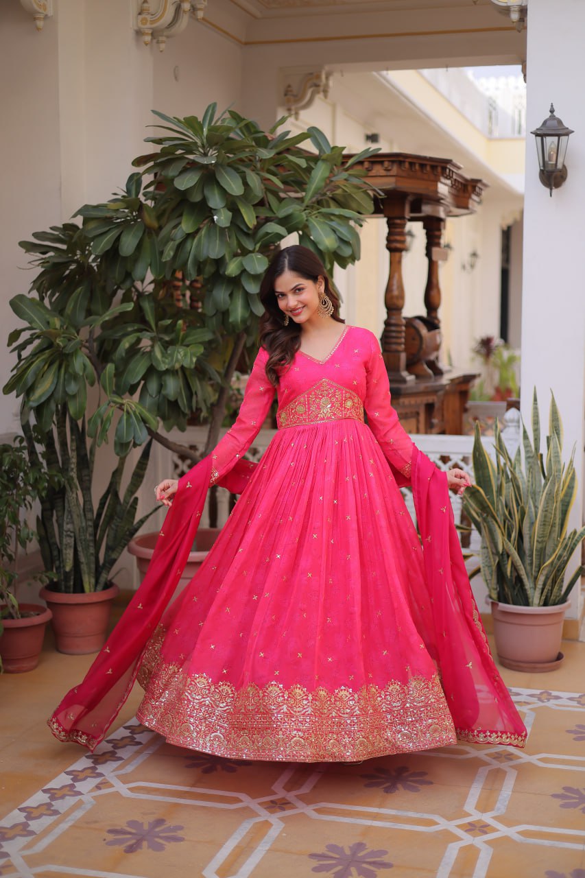 Premium Ready-to-Wear Silk Gown with Embroidered Sequined Dupatta Set