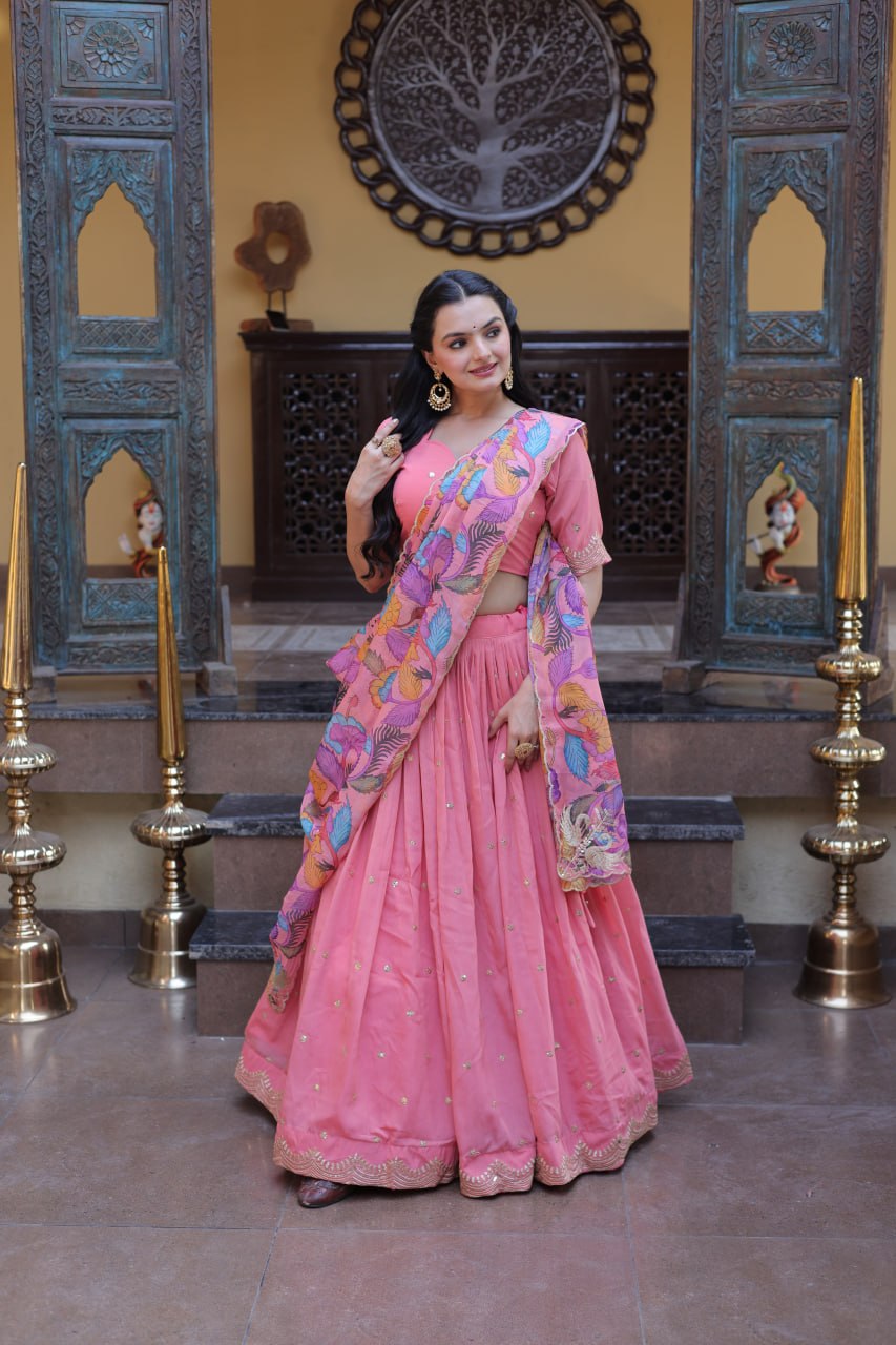 Elegant Lehengha Choli Set with Embroidered Cosmos Silk and Printed Tabby Silk Dupatta
