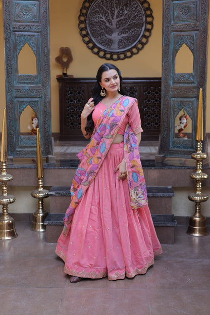 Elegant Lehengha Choli Set with Embroidered Cosmos Silk and Printed Tabby Silk Dupatta