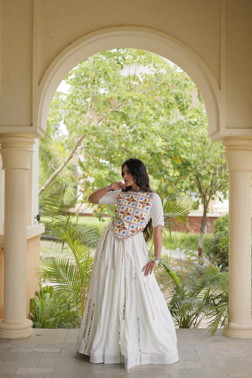 RangBhoomi Navratri Reflective Rayon Lehenga Set with Mirror & Gota Lace (Black, Maroon, White)