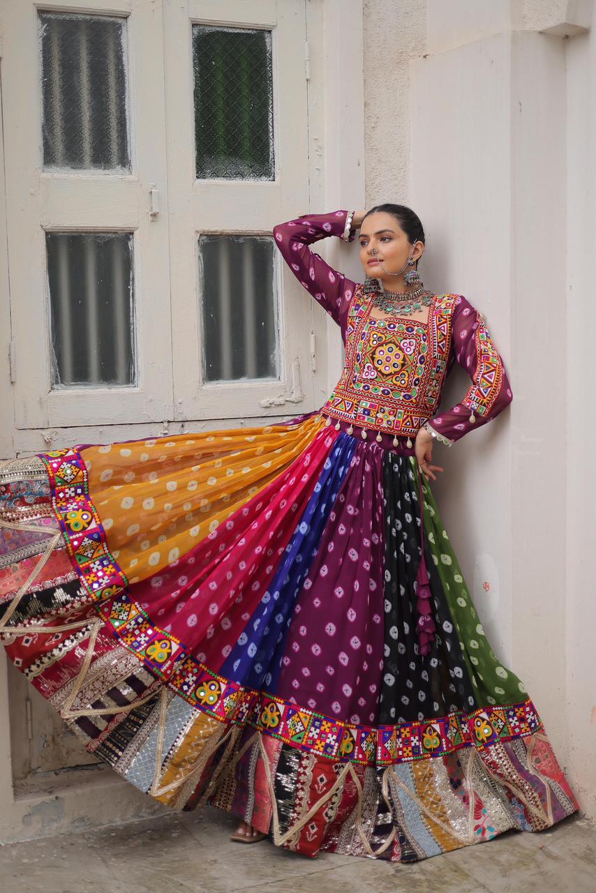Navratri Festival Full-Stitched Georgette Lehenga Choli with Vintage and Kutchi Gamthi Embellishments